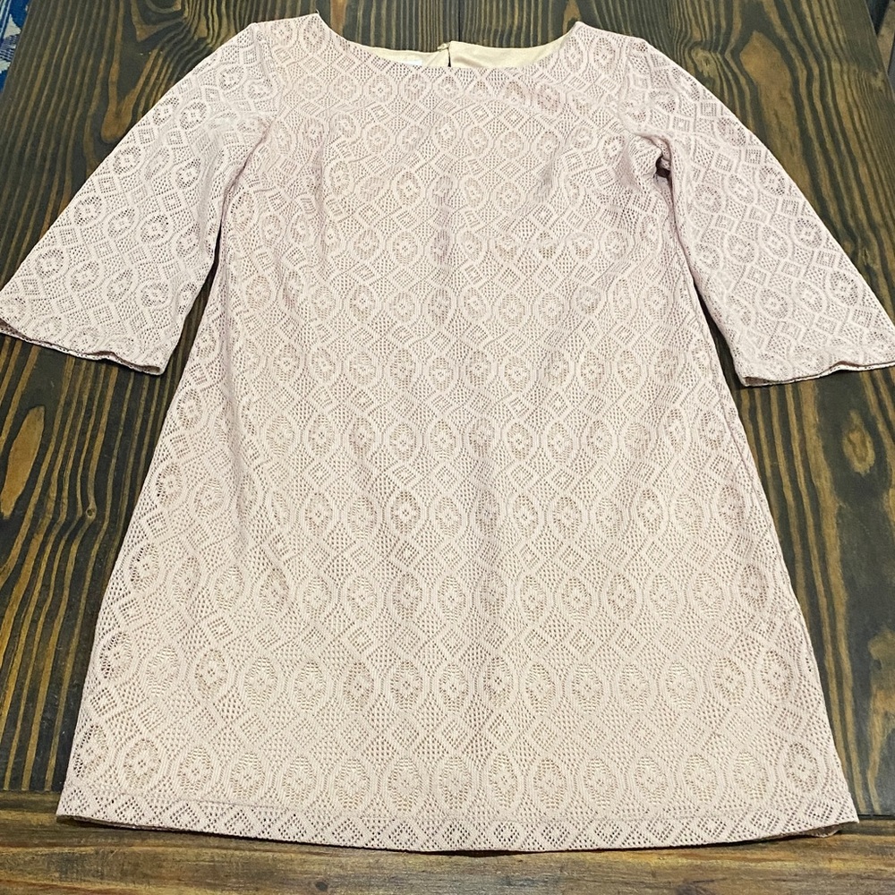 London Times Tan Geometric Lace Sheath Dress - 3/4 Sleeve - size 6